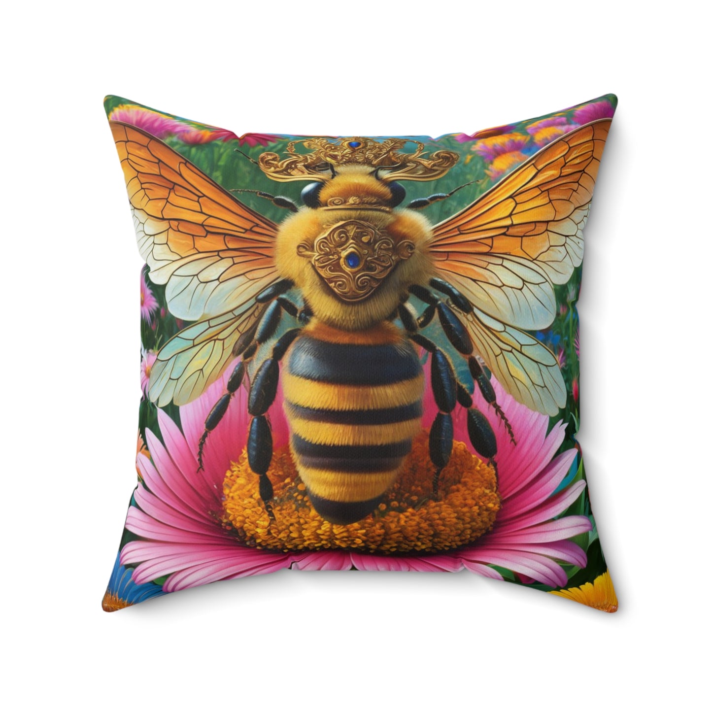 A pillow of a majestic queen bee, perched regally on a vibrant flower.