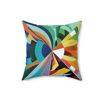 A Pillow with vibrant and abstract design featuring a whirling blend of geometric shapes in vivid colors.