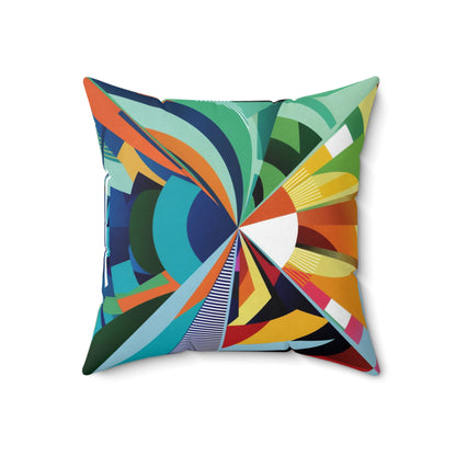 A Pillow with vibrant and abstract design featuring a whirling blend of geometric shapes in vivid colors.