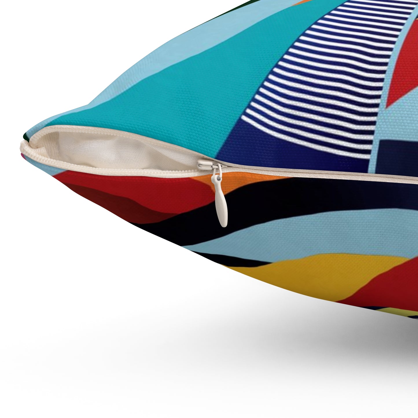 A Pillow with vibrant and abstract design featuring a whirling blend of geometric shapes in vivid colors.