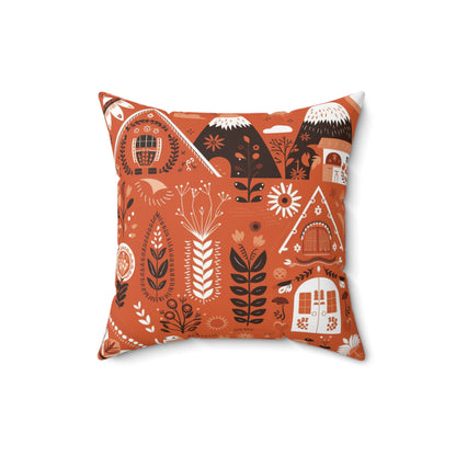 Folk art illustration in terracotta orange Pillow, Nordic-themed Square Pillow