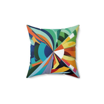 A Pillow with vibrant and abstract design featuring a whirling blend of geometric shapes in vivid colors.