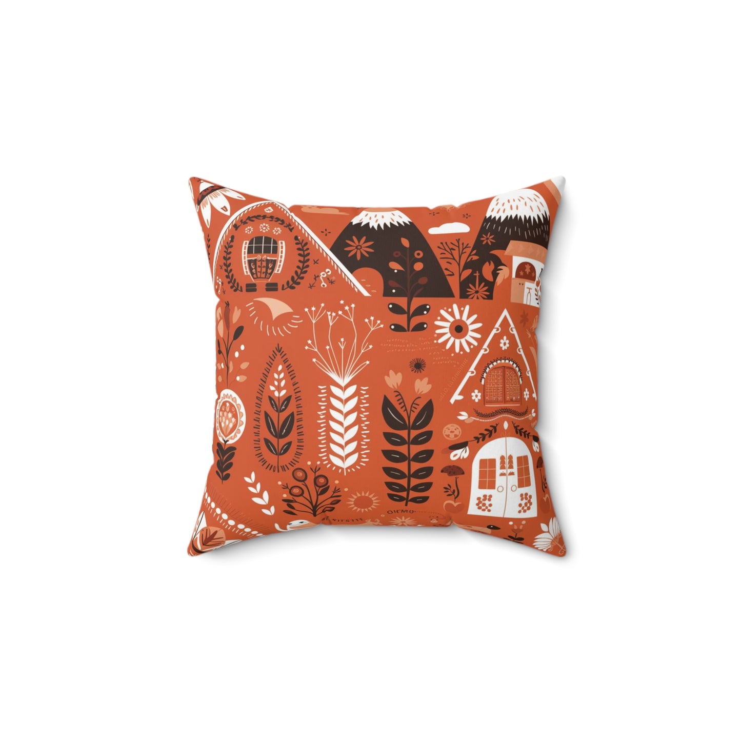 Folk art illustration in terracotta orange Pillow, Nordic-themed Square Pillow