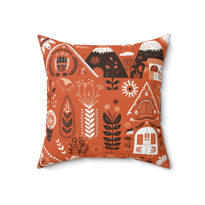 Folk art illustration in terracotta orange Pillow, Nordic-themed Square Pillow