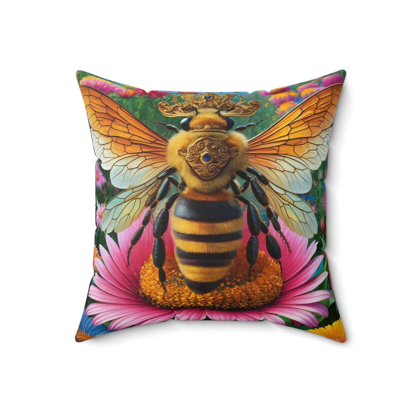 A pillow of a majestic queen bee, perched regally on a vibrant flower.