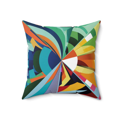 A Pillow with vibrant and abstract design featuring a whirling blend of geometric shapes in vivid colors.