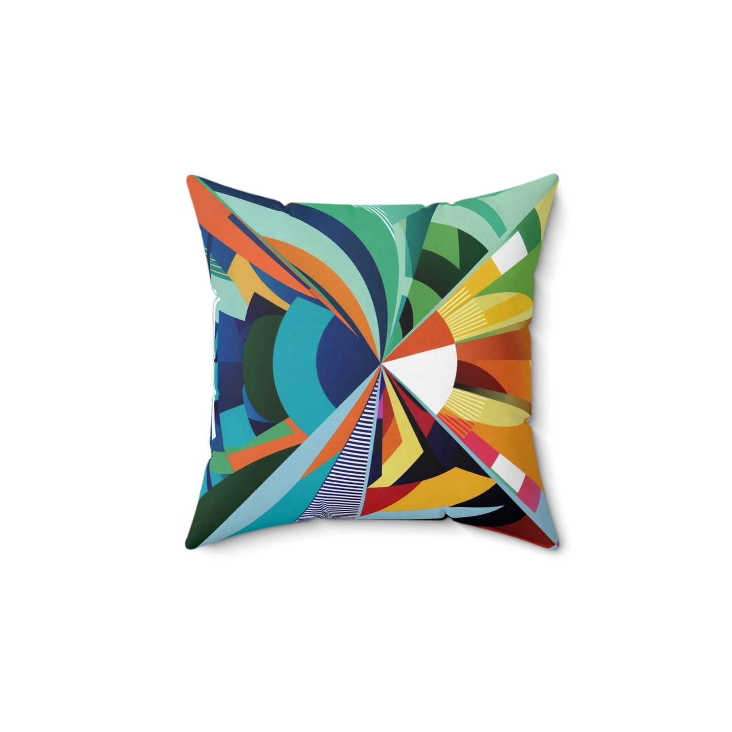 A Pillow with vibrant and abstract design featuring a whirling blend of geometric shapes in vivid colors.