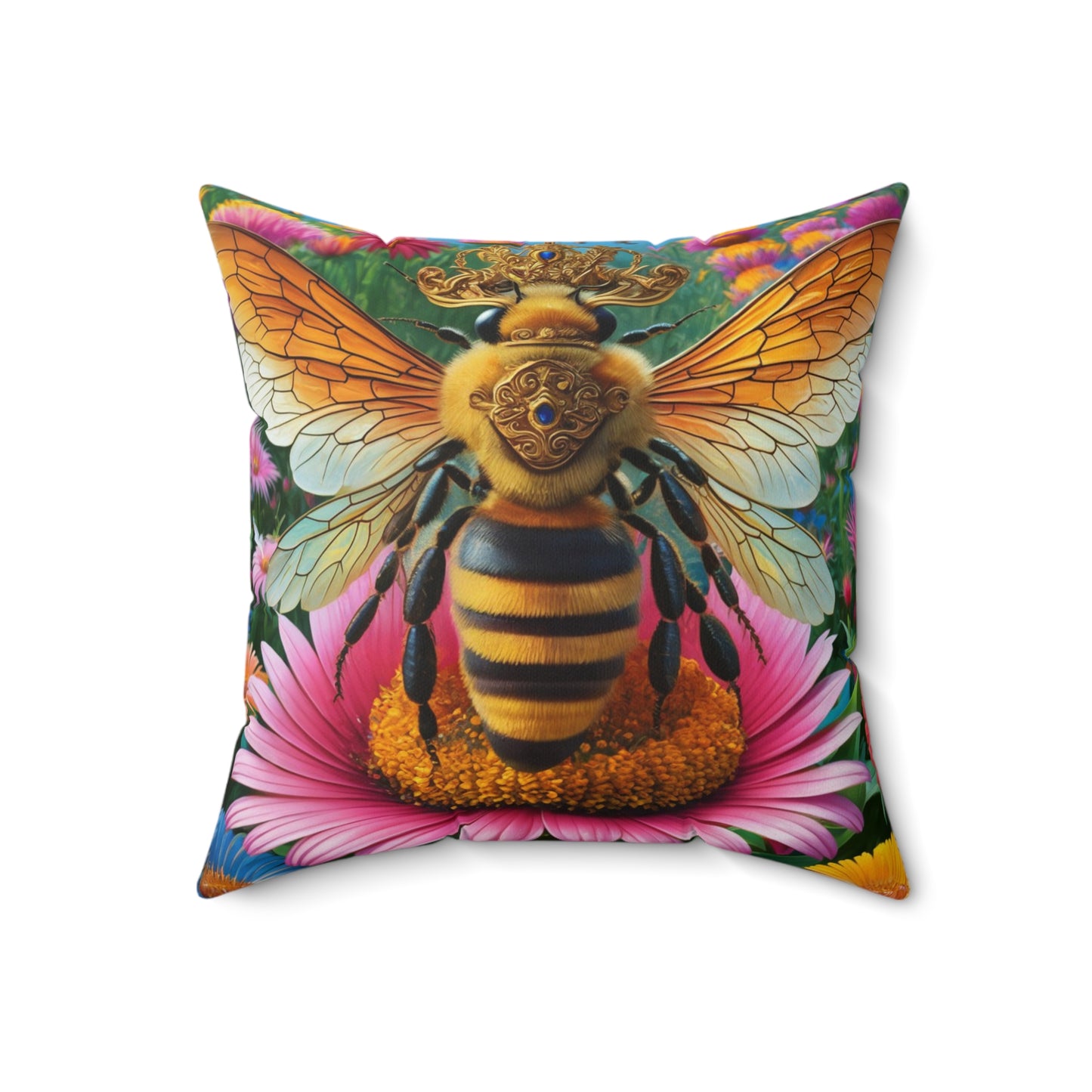 A pillow of a majestic queen bee, perched regally on a vibrant flower.