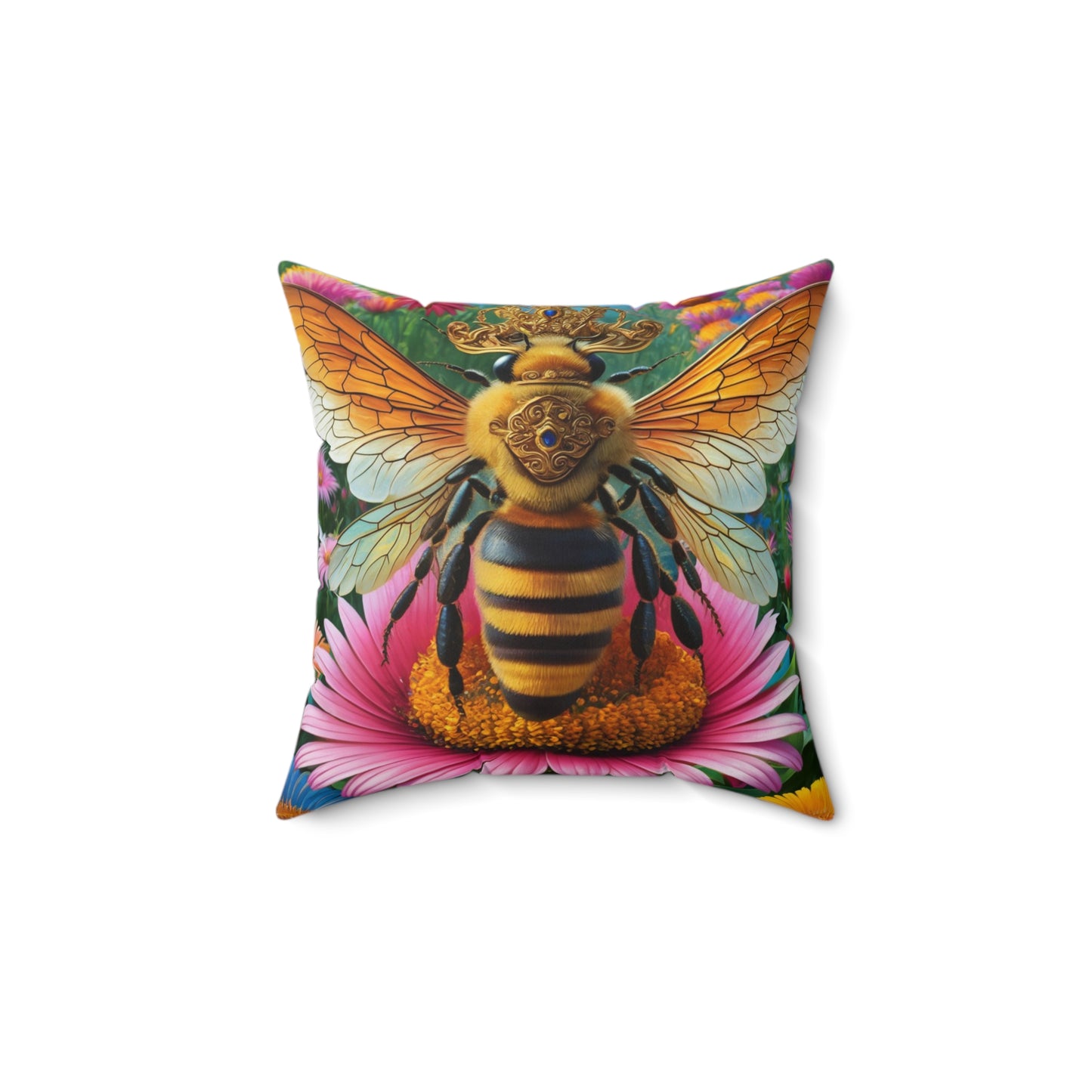 A pillow of a majestic queen bee, perched regally on a vibrant flower.