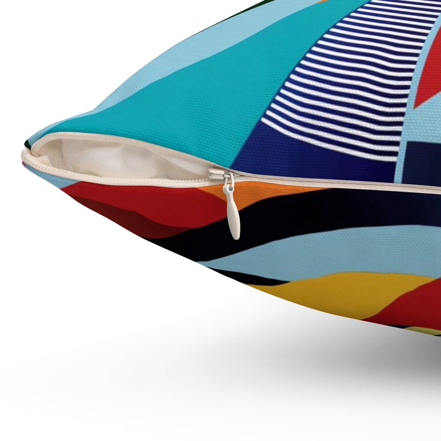 A Pillow with vibrant and abstract design featuring a whirling blend of geometric shapes in vivid colors.