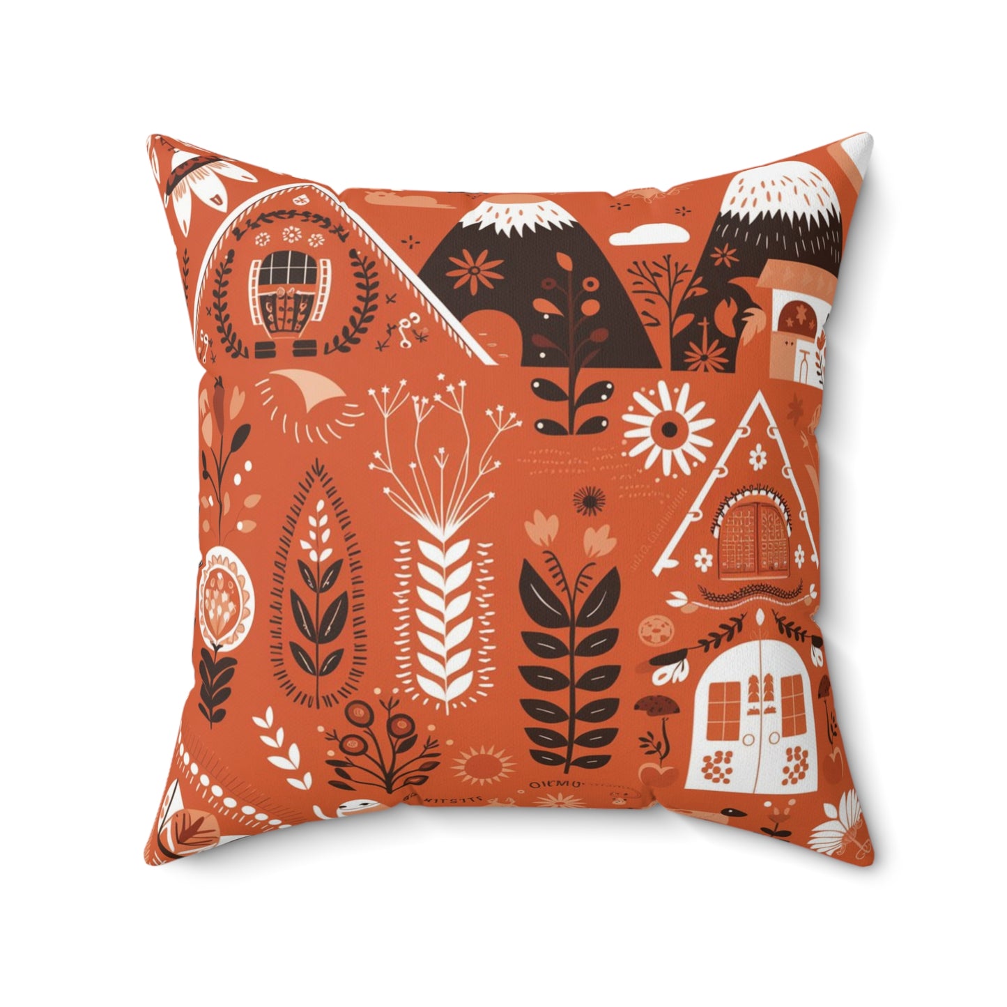 Folk art illustration in terracotta orange Pillow, Nordic-themed Square Pillow