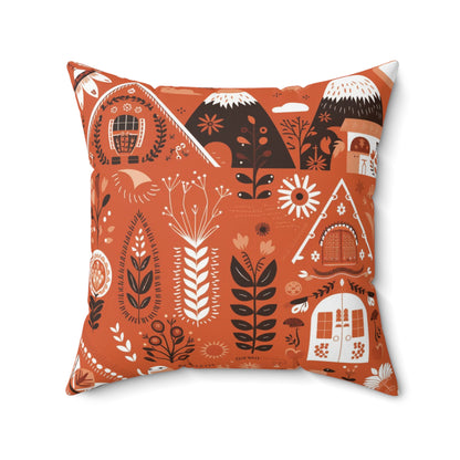 Folk art illustration in terracotta orange Pillow, Nordic-themed Square Pillow