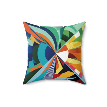 A Pillow with vibrant and abstract design featuring a whirling blend of geometric shapes in vivid colors.