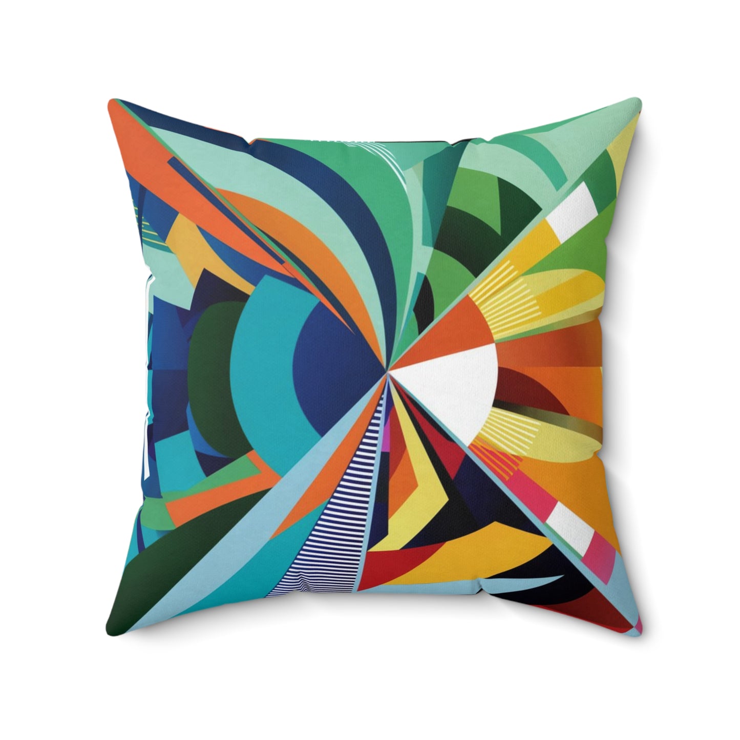 A Pillow with vibrant and abstract design featuring a whirling blend of geometric shapes in vivid colors.