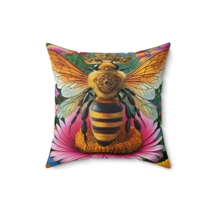 A pillow of a majestic queen bee, perched regally on a vibrant flower.