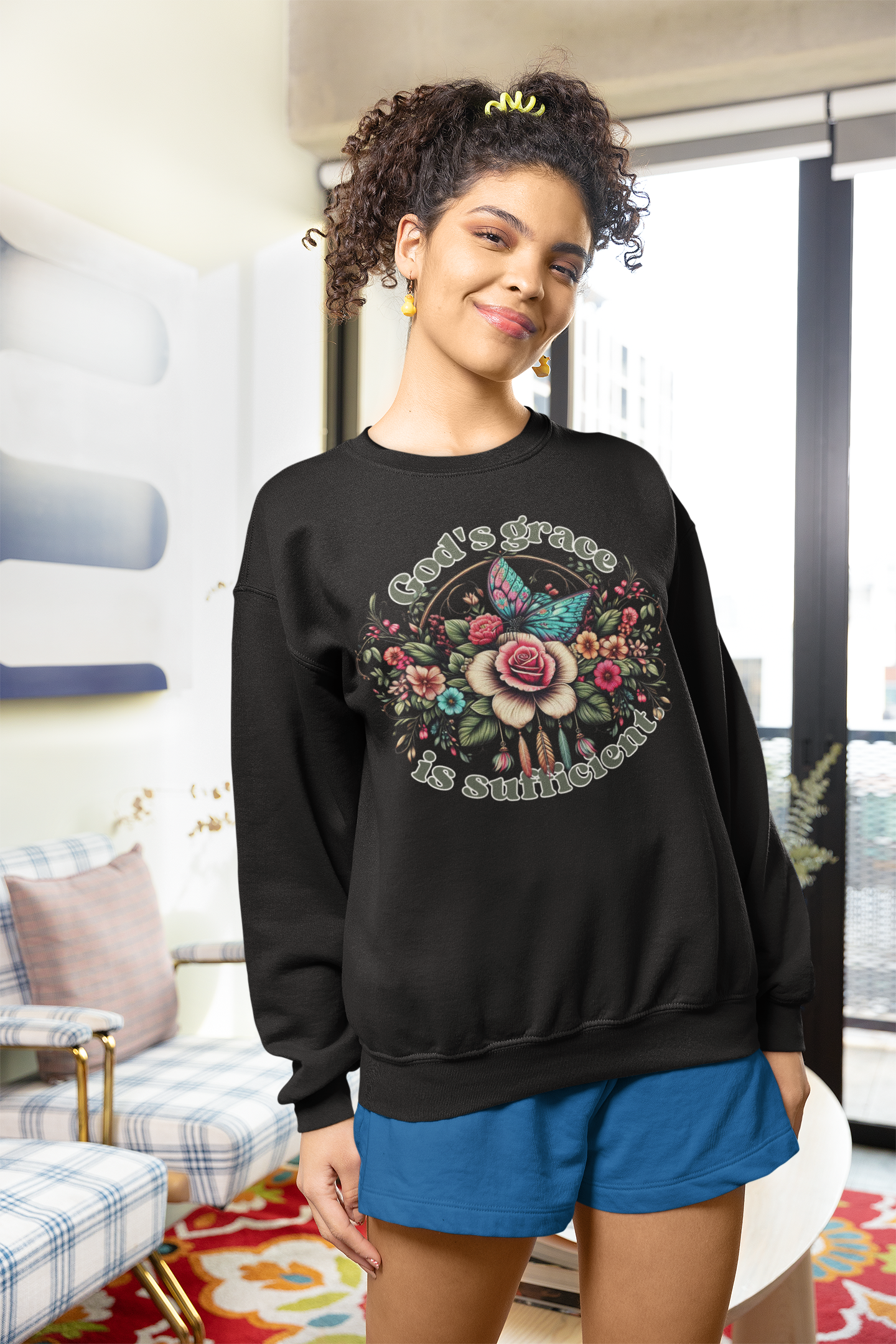 God's grace is sufficient Flower Sweatshirts, Aesthetic Wildflower, Botanical Floral, Minimalist Sweatshirts for Women, Botanical Sweatshirt