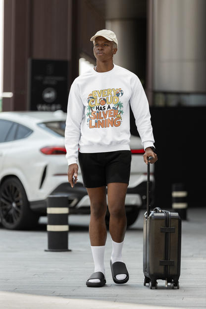 A sweatshirt  the phrase Every cloud has a silver lining