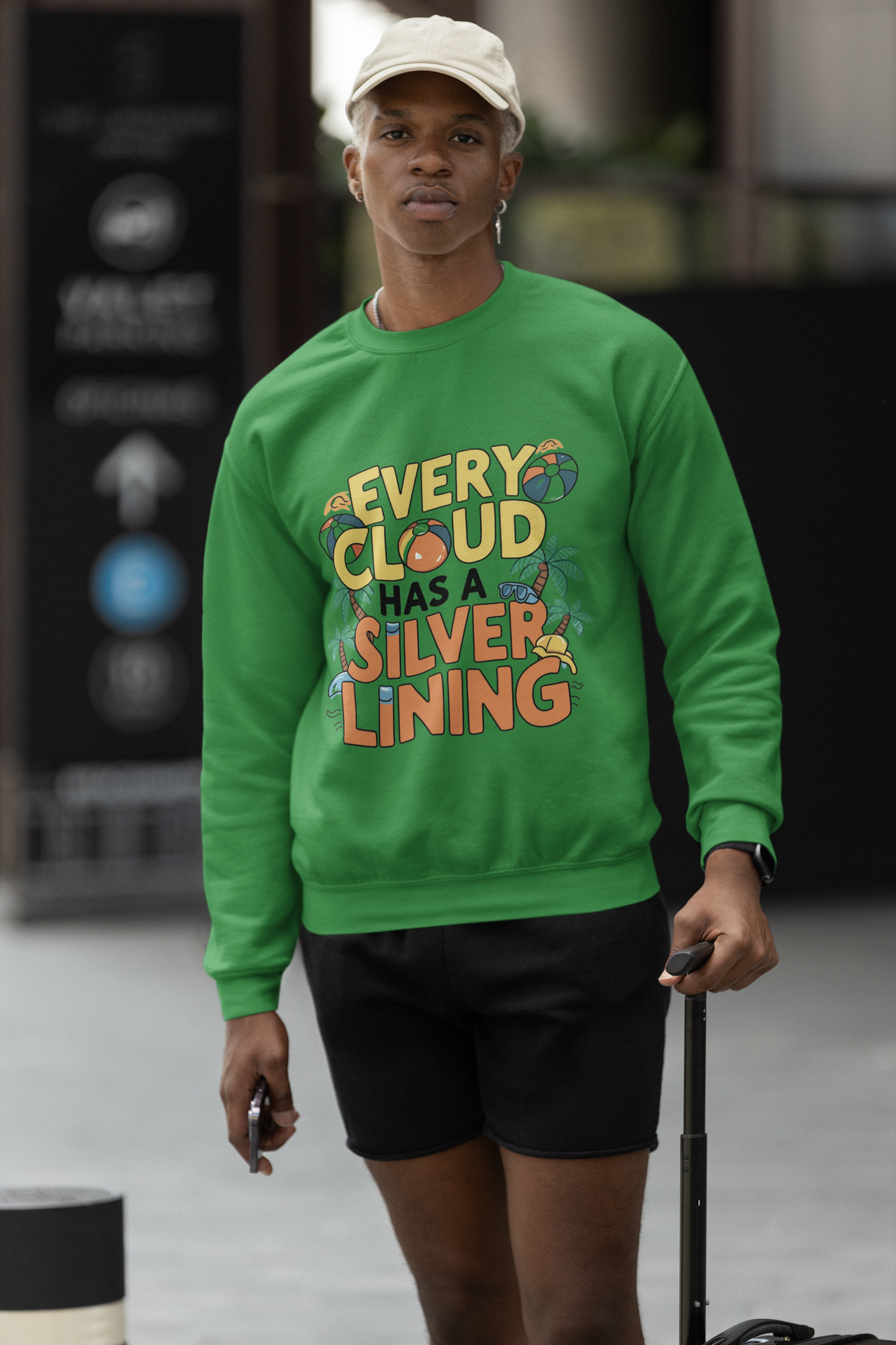 A sweatshirt  the phrase Every cloud has a silver lining